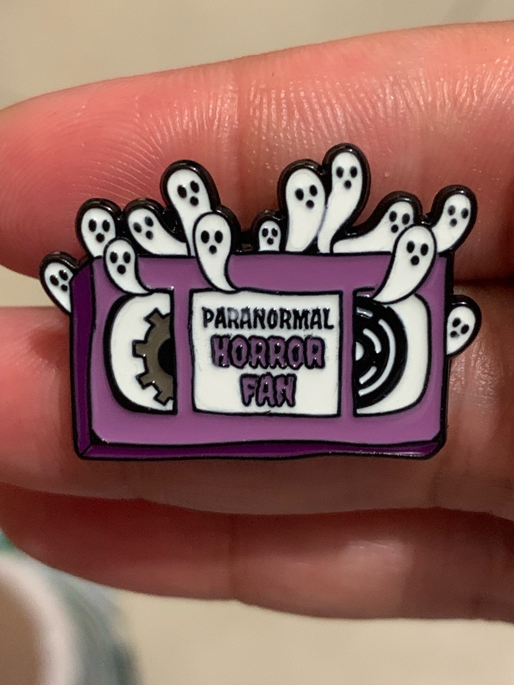 Paranormal Horror Fan Purple Ghost VHS Enamel Pin - Picture 4 of 4